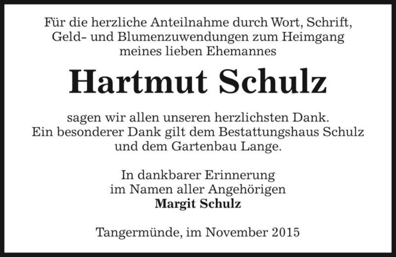  Traueranzeige für Hartmut Schulz  vom 26.11.2015 aus Magdeburger Volksstimme
