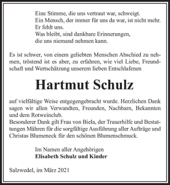 Traueranzeige von Hartmut Schulz  von Magdeburger Volksstimme