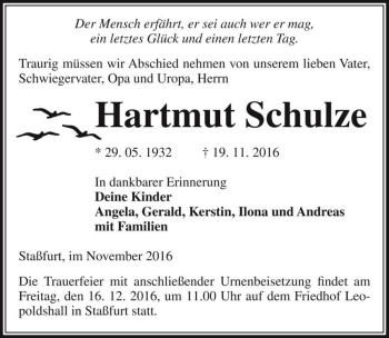 Traueranzeige von Hartmut Schulze  von Magdeburger Volksstimme
