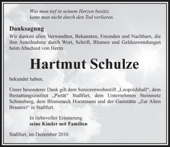 Traueranzeige von Hartmut Schulze  von Magdeburger Volksstimme