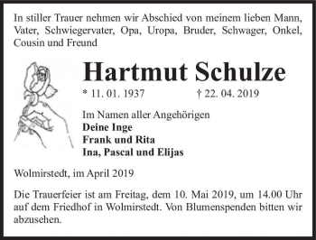 Traueranzeige von Hartmut Schulze  von Magdeburger Volksstimme