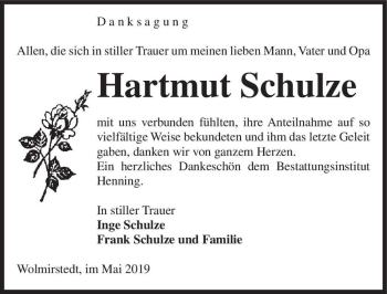Traueranzeige von Hartmut Schulze  von Magdeburger Volksstimme