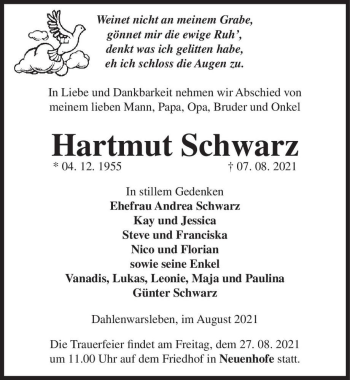 Traueranzeige von Hartmut Schwarz  von Magdeburger Volksstimme