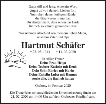 Traueranzeige von Hartmut Schäfer  von Magdeburger Volksstimme