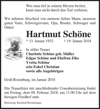Traueranzeige von Hartmut Schöne  von Magdeburger Volksstimme