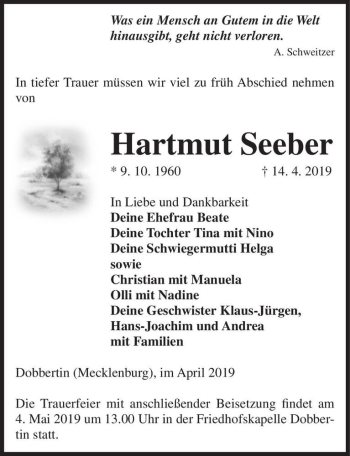 Traueranzeige von Hartmut Seeber  von Magdeburger Volksstimme