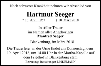 Traueranzeige von Hartmut Seeger  von Magdeburger Volksstimme