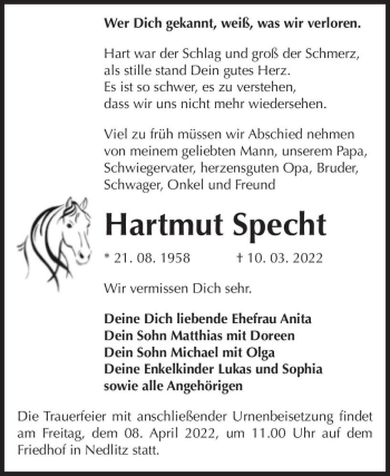Traueranzeige von Hartmut Specht  von Magdeburger Volksstimme