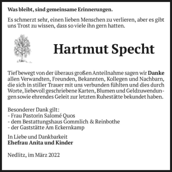 Traueranzeige von Hartmut Specht  von Magdeburger Volksstimme