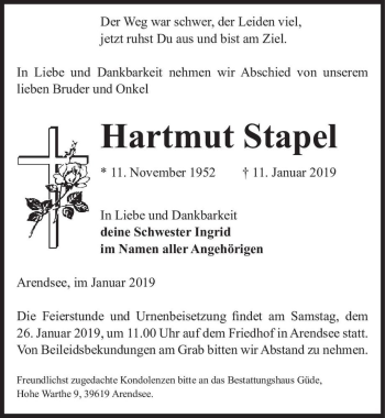 Traueranzeige von Hartmut Stapel  von Magdeburger Volksstimme