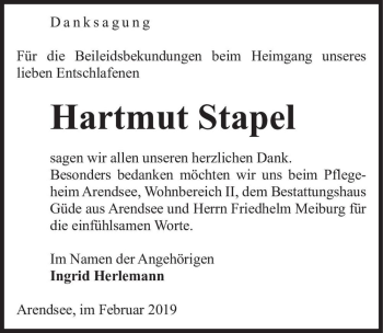 Traueranzeige von Hartmut Stapel  von Magdeburger Volksstimme