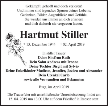 Traueranzeige von Hartmut Stiller  von Magdeburger Volksstimme