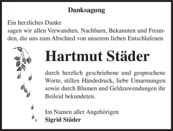 Traueranzeige von Hartmut Städer  von Magdeburger Volksstimme