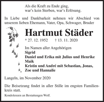 Traueranzeige von Hartmut Städer  von Magdeburger Volksstimme