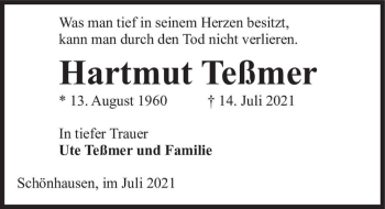 Traueranzeige von Hartmut Teßmer  von Magdeburger Volksstimme