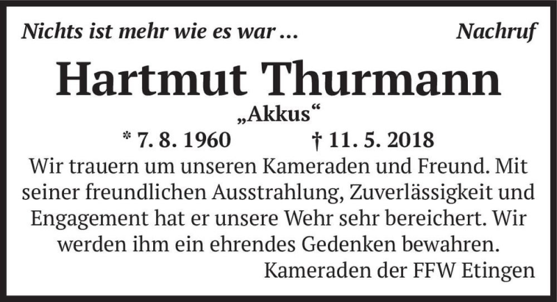  Traueranzeige für Hartmut Thurmann 