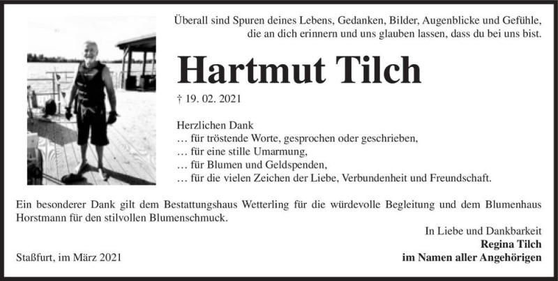  Traueranzeige für Hartmut Tilch  vom 20.03.2021 aus Magdeburger Volksstimme