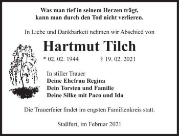 Traueranzeige von Hartmut Tilch  von Magdeburger Volksstimme