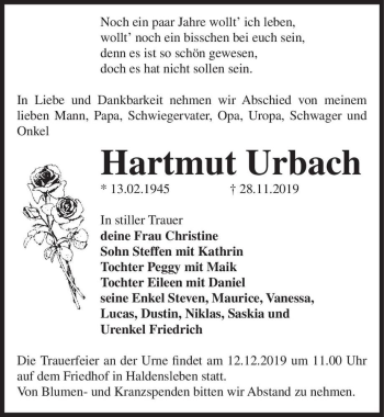 Traueranzeige von Hartmut Urbach  von Magdeburger Volksstimme