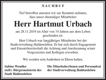 Traueranzeige von Hartmut Urbach  von Magdeburger Volksstimme