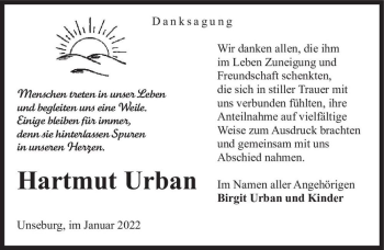 Traueranzeige von Hartmut Urban  von Magdeburger Volksstimme
