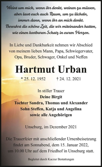 Traueranzeige von Hartmut Urban  von Magdeburger Volksstimme