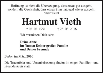 Traueranzeige von Hartmut Vieth  von Magdeburger Volksstimme