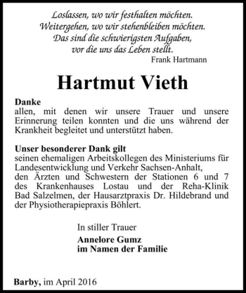 Traueranzeige von Hartmut Vieth  von Magdeburger Volksstimme