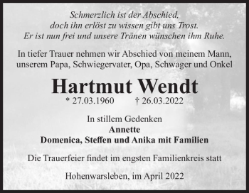 Traueranzeige von Hartmut Wendt  von Magdeburger Volksstimme
