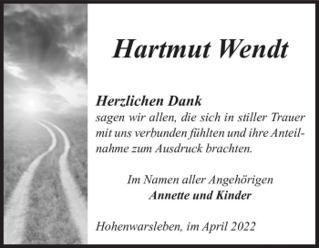 Traueranzeige von Hartmut Wendt  von Magdeburger Volksstimme