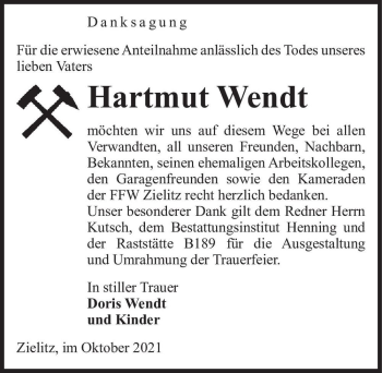 Traueranzeige von Hartmut Wendt  von Magdeburger Volksstimme