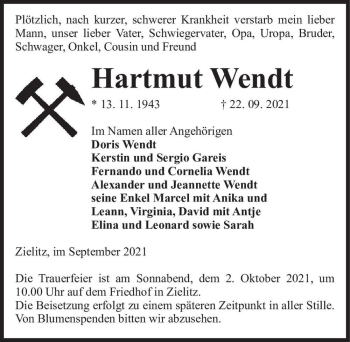 Traueranzeige von Hartmut Wendt  von Magdeburger Volksstimme