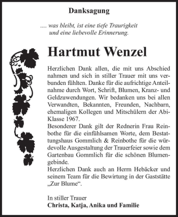 Traueranzeige von Hartmut Wenzel  von Magdeburger Volksstimme