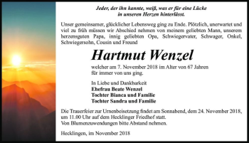 Traueranzeige von Hartmut Wenzel  von Magdeburger Volksstimme