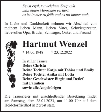 Traueranzeige von Hartmut Wenzel  von Magdeburger Volksstimme