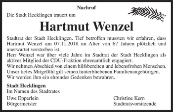 Traueranzeige von Hartmut Wenzel  von Magdeburger Volksstimme