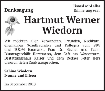 Traueranzeige von Hartmut Werner Wiedorn  von Magdeburger Volksstimme