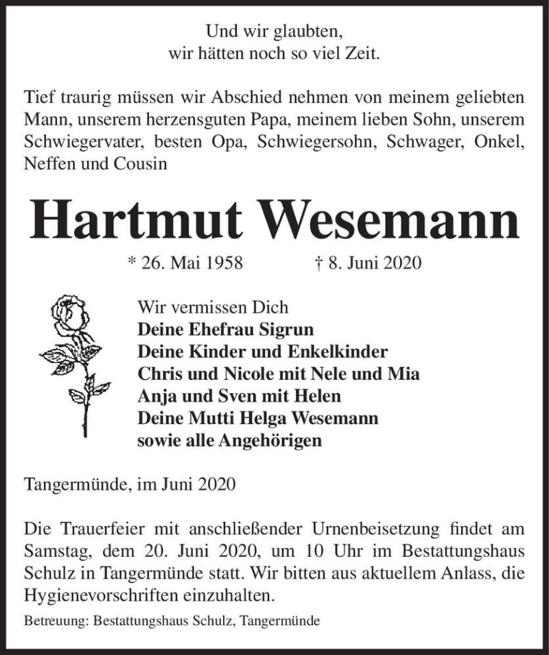  Traueranzeige für Hartmut Wesemann  vom 13.06.2020 aus Magdeburger Volksstimme