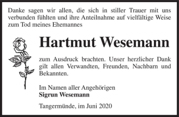 Traueranzeige von Hartmut Wesemann  von Magdeburger Volksstimme