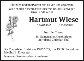 Traueranzeige von Hartmut Wiese  von Magdeburger Volksstimme