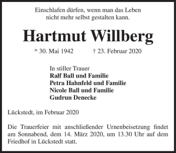 Traueranzeige von Hartmut Willberg  von Magdeburger Volksstimme