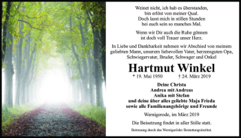 Traueranzeige von Hartmut Winkel  von Magdeburger Volksstimme