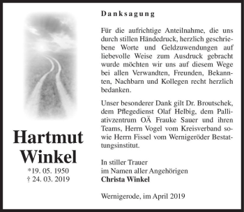 Traueranzeige von Hartmut Winkel  von Magdeburger Volksstimme
