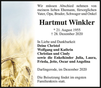 Traueranzeige von Hartmut Winkler  von Magdeburger Volksstimme
