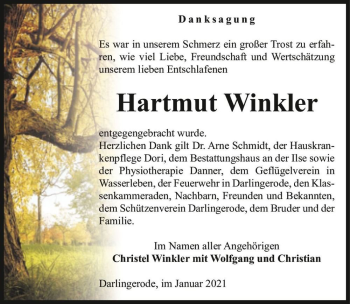 Traueranzeige von Hartmut Winkler  von Magdeburger Volksstimme