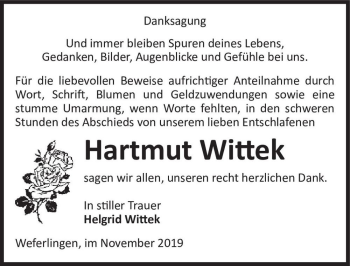 Traueranzeige von Hartmut Wittek  von Magdeburger Volksstimme