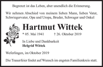 Traueranzeige von Hartmut Wittek  von Magdeburger Volksstimme