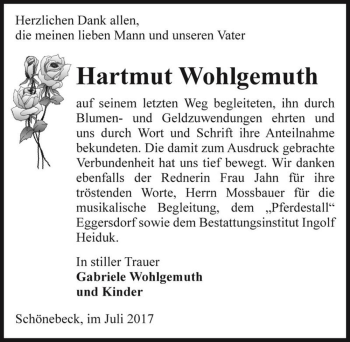 Traueranzeige von Hartmut Wohlgemuth  von Magdeburger Volksstimme