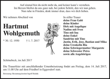 Traueranzeige von Hartmut Wohlgemuth  von Magdeburger Volksstimme