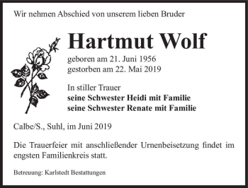 Traueranzeige von Hartmut Wolf  von Magdeburger Volksstimme
